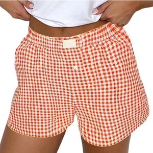 Plaid Pajama Lounge Sleep Striped Bottom Short Orange